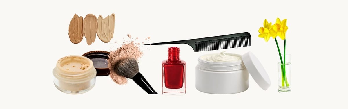 Clean beauty categories featuring mineral makeup, hair care, nail care, skincare and yellow jonquil flowers.