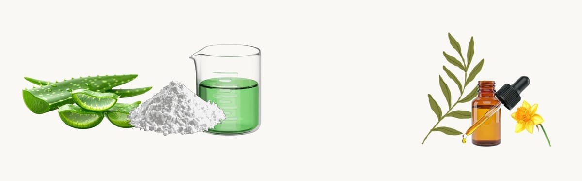 Aloe vera, cosmetic clay, laboratory beaker, amber dropper bottle, botanical leaves and a yellow jonquil flower on an ivory background.