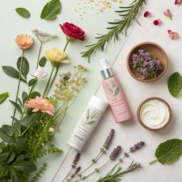 A split composition showing raw botanicals on one side transitioning to elegant beauty products on the other